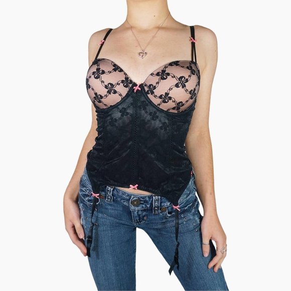 🍓Y2K BETSEY JOHNSON BLACK GRUNGE CORSET CAMISOLE🍓 - Picture 1 of 4